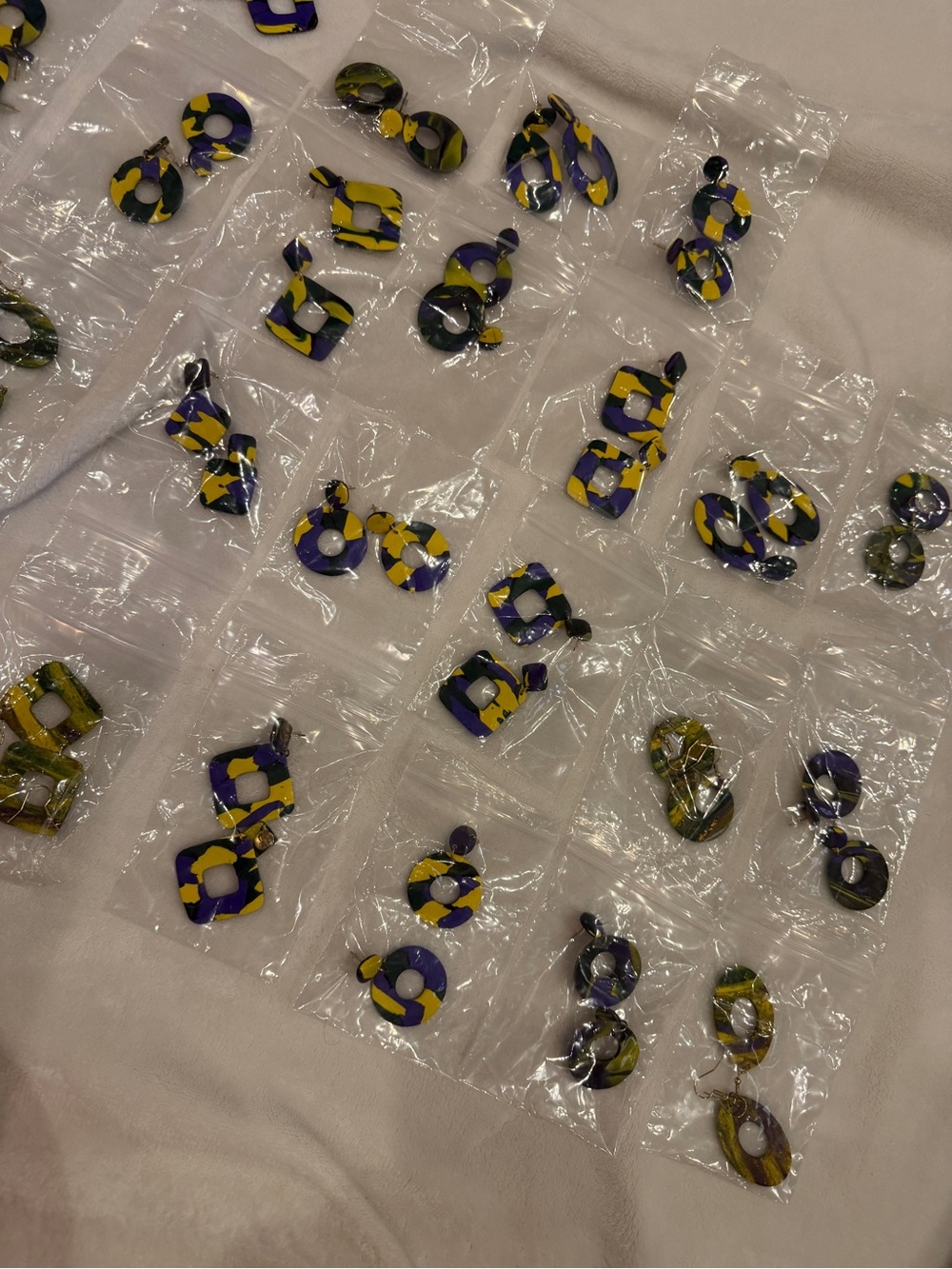 Handmade Marbled Purple , green & Yellow clay Earrings - 25 pairs